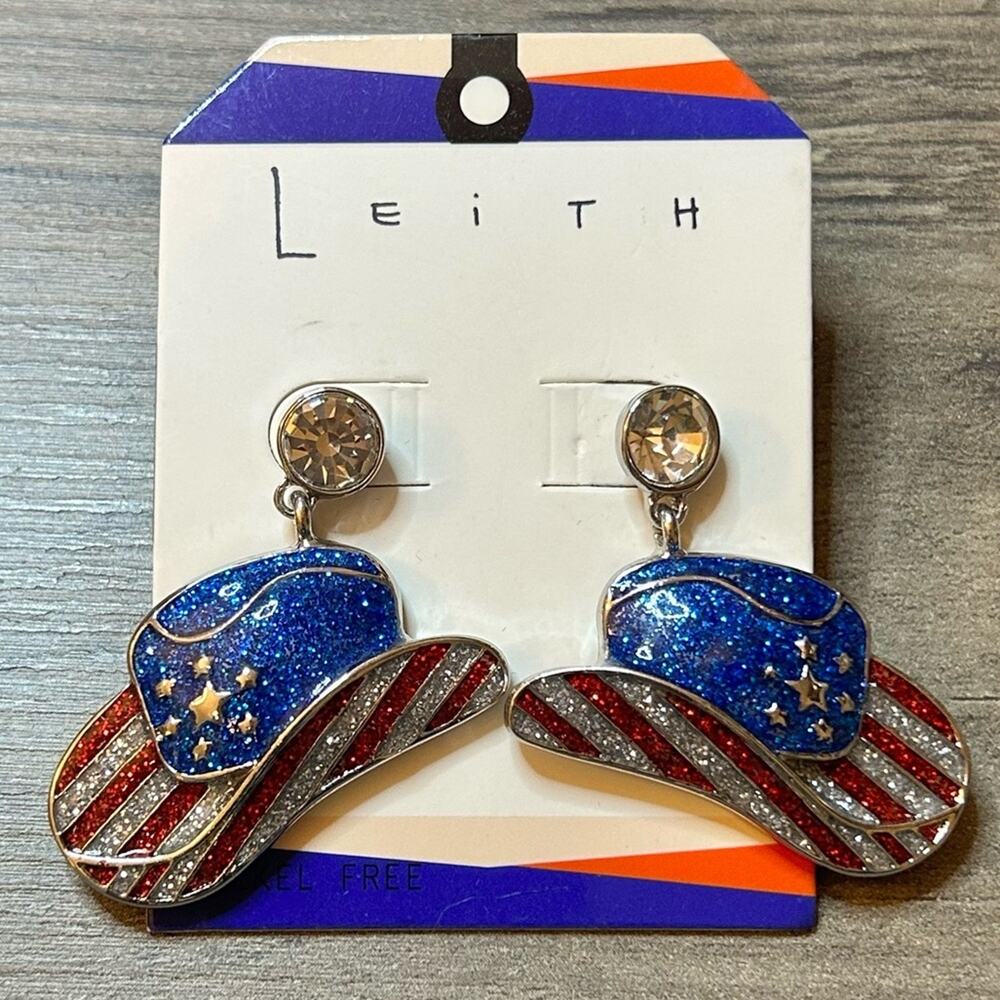 Leith Cowboy Hat Earrings Red White & Blue sparkle enamel New on Card! #A84
